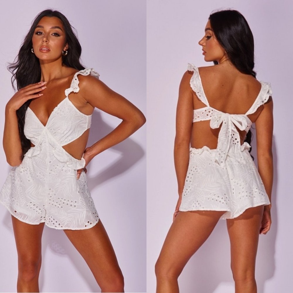 White Lace Sleeveless V-Neck Cutout Open Back Romper Playsuit